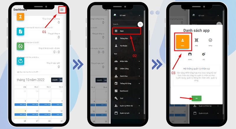 Thao tác các bước để mở module HRM