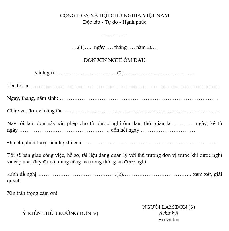 Mẫu giấy xin phép nghỉ ốm cho công nhân