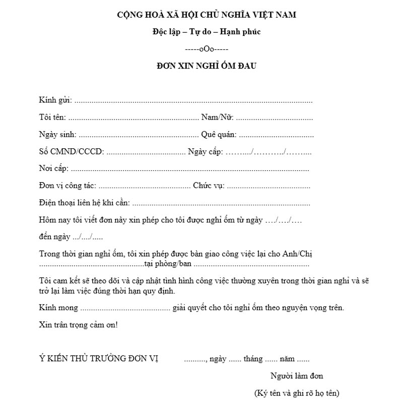Mẫu xin phép nghỉ ốm dành cho viên chức cơ quan nhà nước