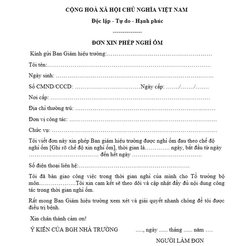 Mẫu đơn xin phép nghỉ ốm dành cho giáo viên