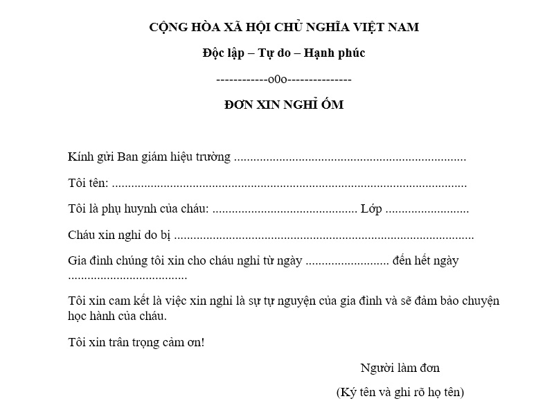 Đơn xin nghỉ ốm áp dụng cho học sinh, sinh viên